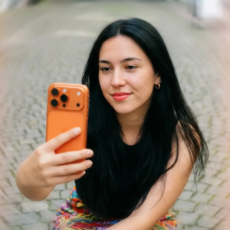 A frontal editorial portrait of a swiss gen z girl with long black hair, gold earrings and light red lipstick,, shot on a 85 mm lens under soft light. She wears a colorful skirt Holding an orange iphone 17 pro and taking a selfie f. Behind her a the streets of Aarau, evenly lit to make her facial features stand out clearly without glare. Her satisfied expression and skin texture are sharp and realistic. Lens flares and fine film grain give the photo an authentic analog feel.